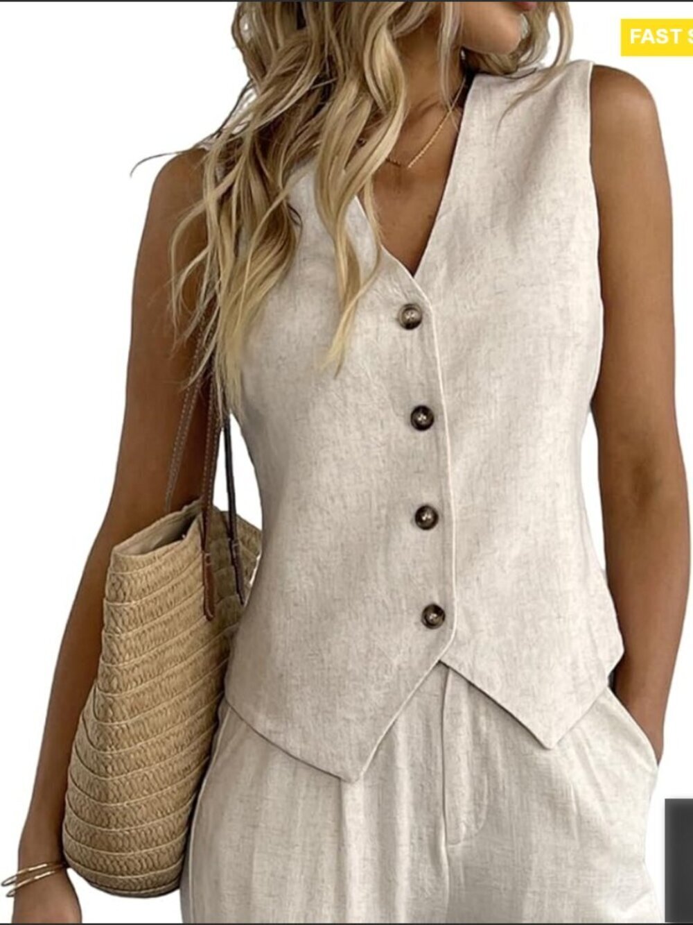 Linen Vest V-Neck Button Down Slim Fit Sleeveless Blazer Waistcoat Chic